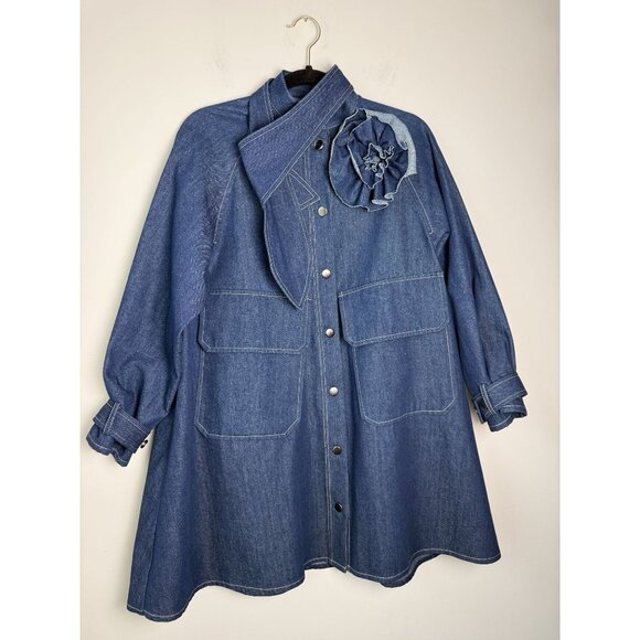 Psophia NWOT Denim Mini Dress Flower Brooch Size XS Luxury Designer Retro - Picture 2 of 13